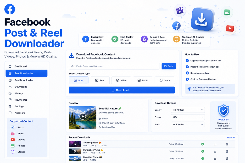 Facebook Post and Reel Downloader Dashboard